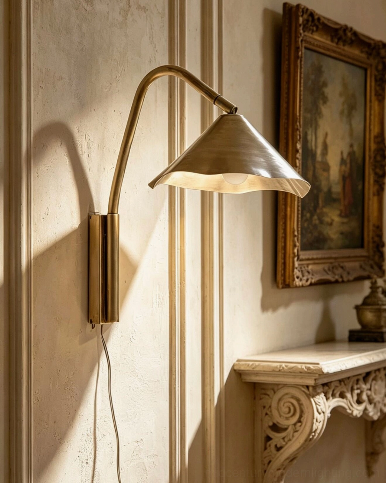 Janna plug-in wall sconce styled in vintage luxury living room with fireplace and classic decor