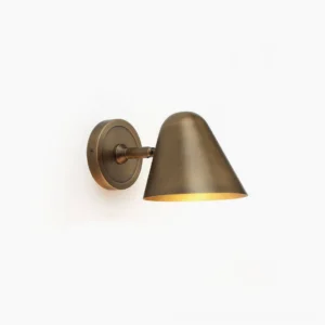 Janna Brass Wall Sconce frontal view - minimalist mid-century modern cone design on white background