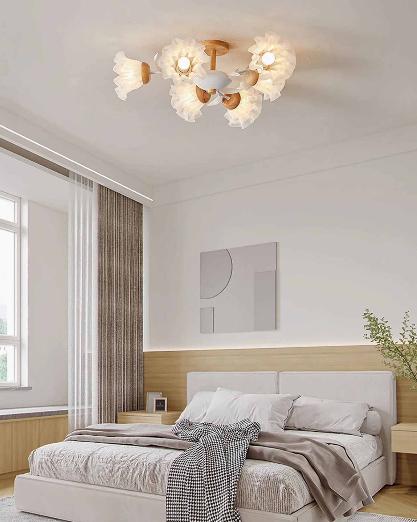 Floral branch ceiling light installed in modern minimalist bedroom, Japandi interior design