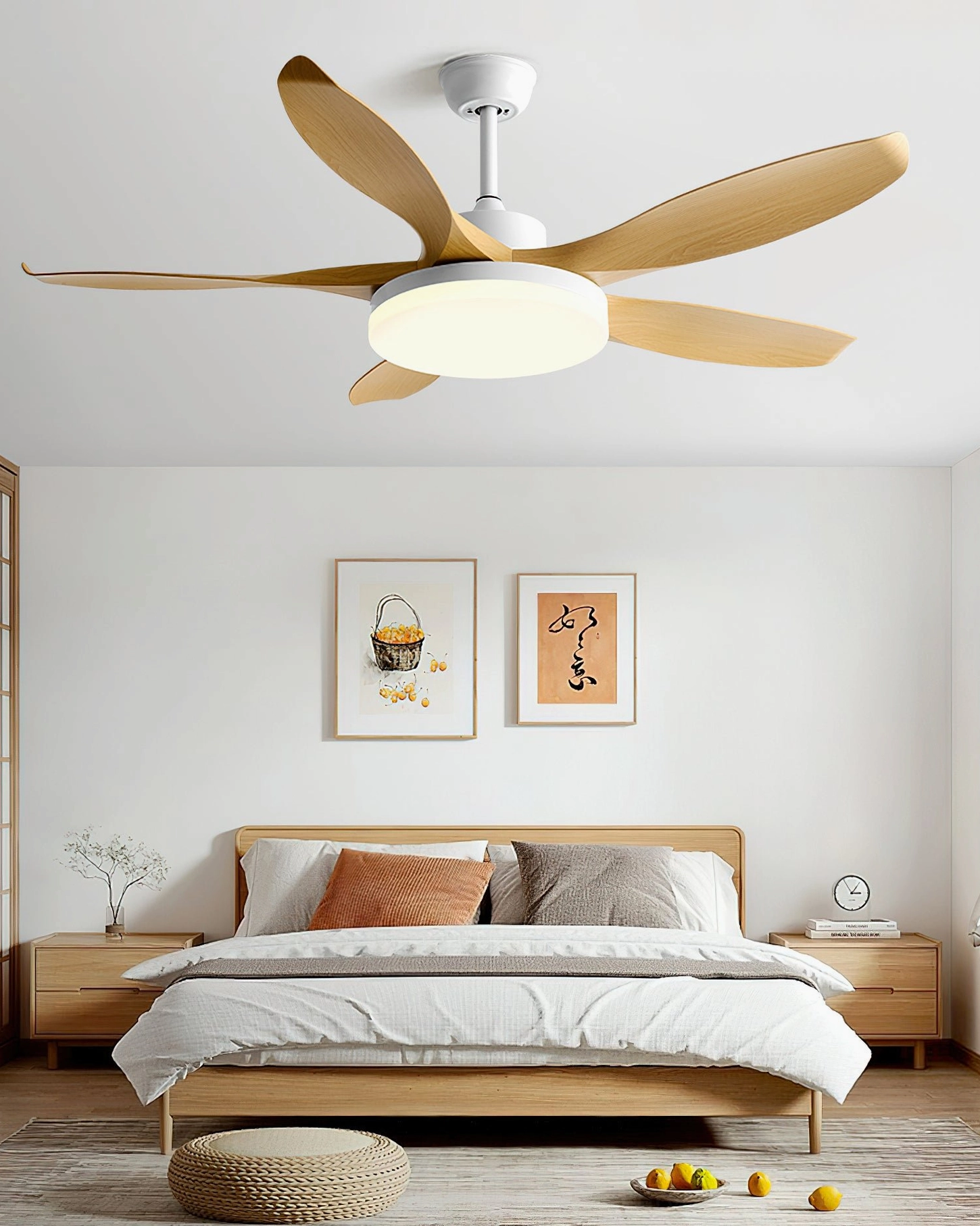 White base light wood ceiling fan light in Japanese minimalist bedroom with wall art decor above bed