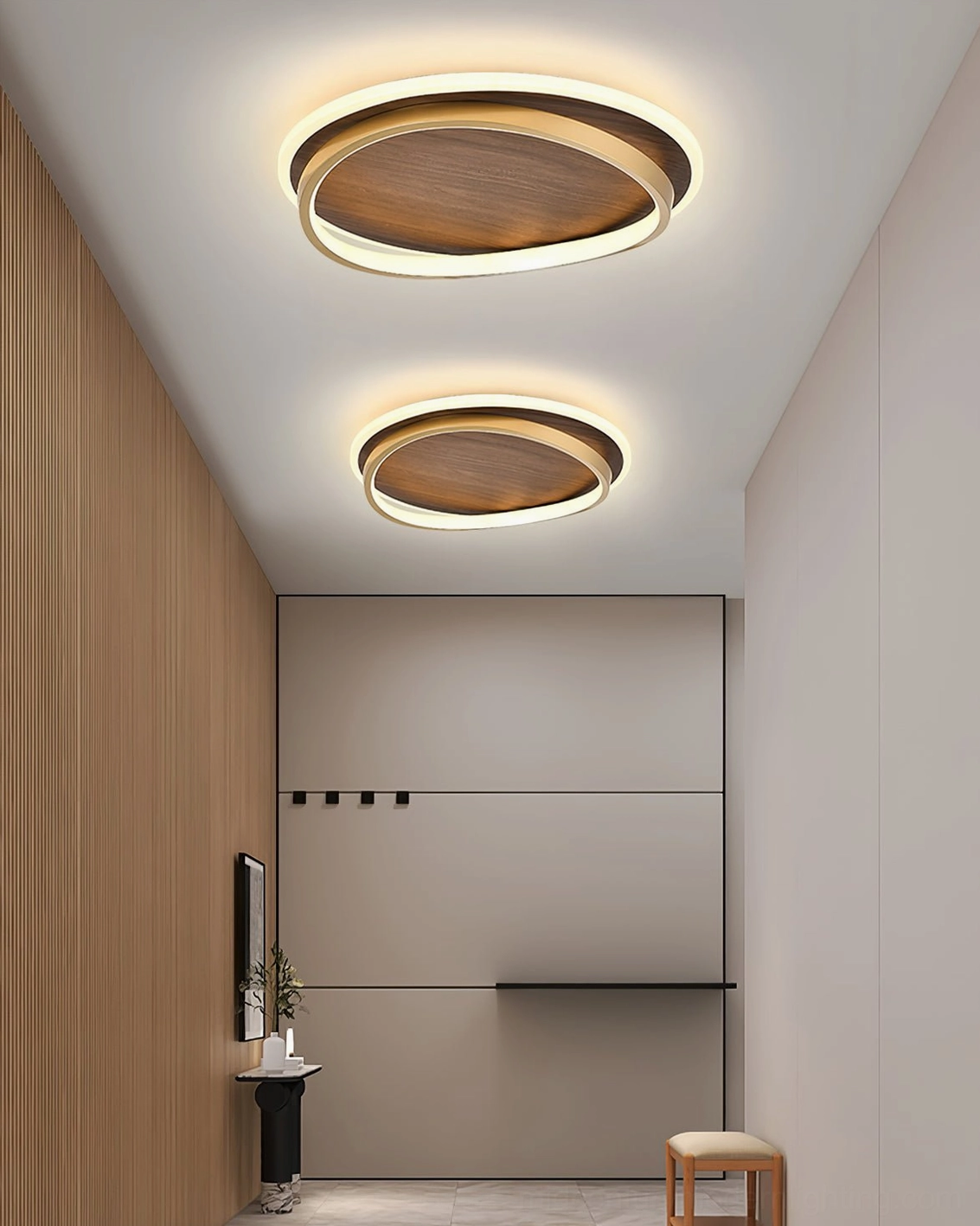 Modern luxury LED ceiling light in Japandi bedroom design, gold metal frame walnut wood contemporary fixture