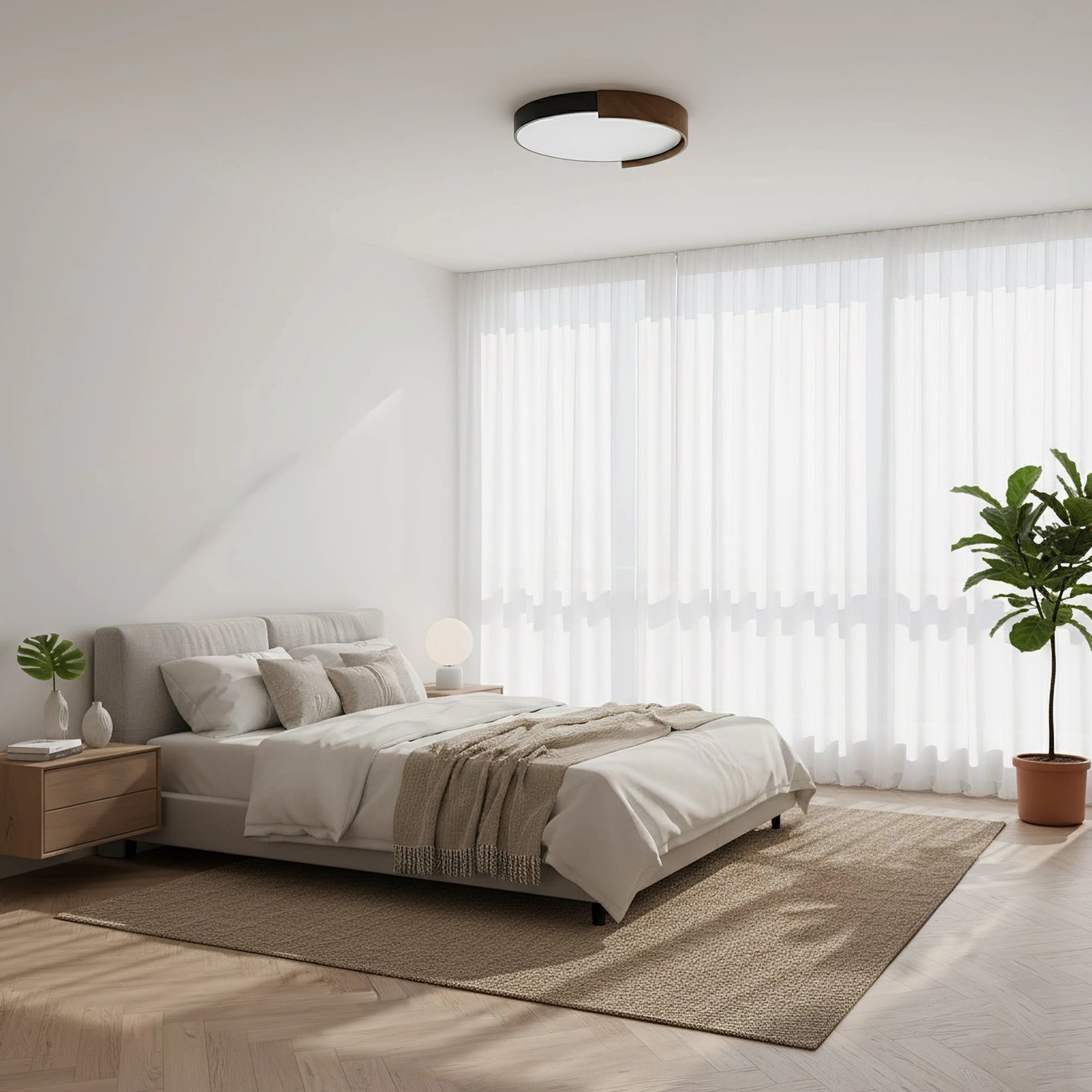 Japandi style scandinavian ceiling light in clean modern bedroom setting
