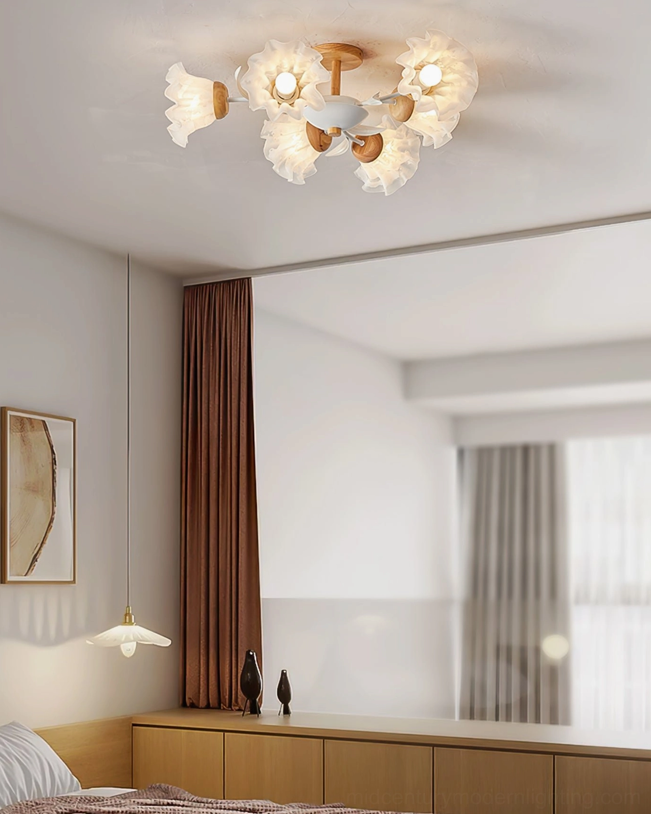 6-head floral branch ceiling lamp in warm Japandi minimalist bedroom interior