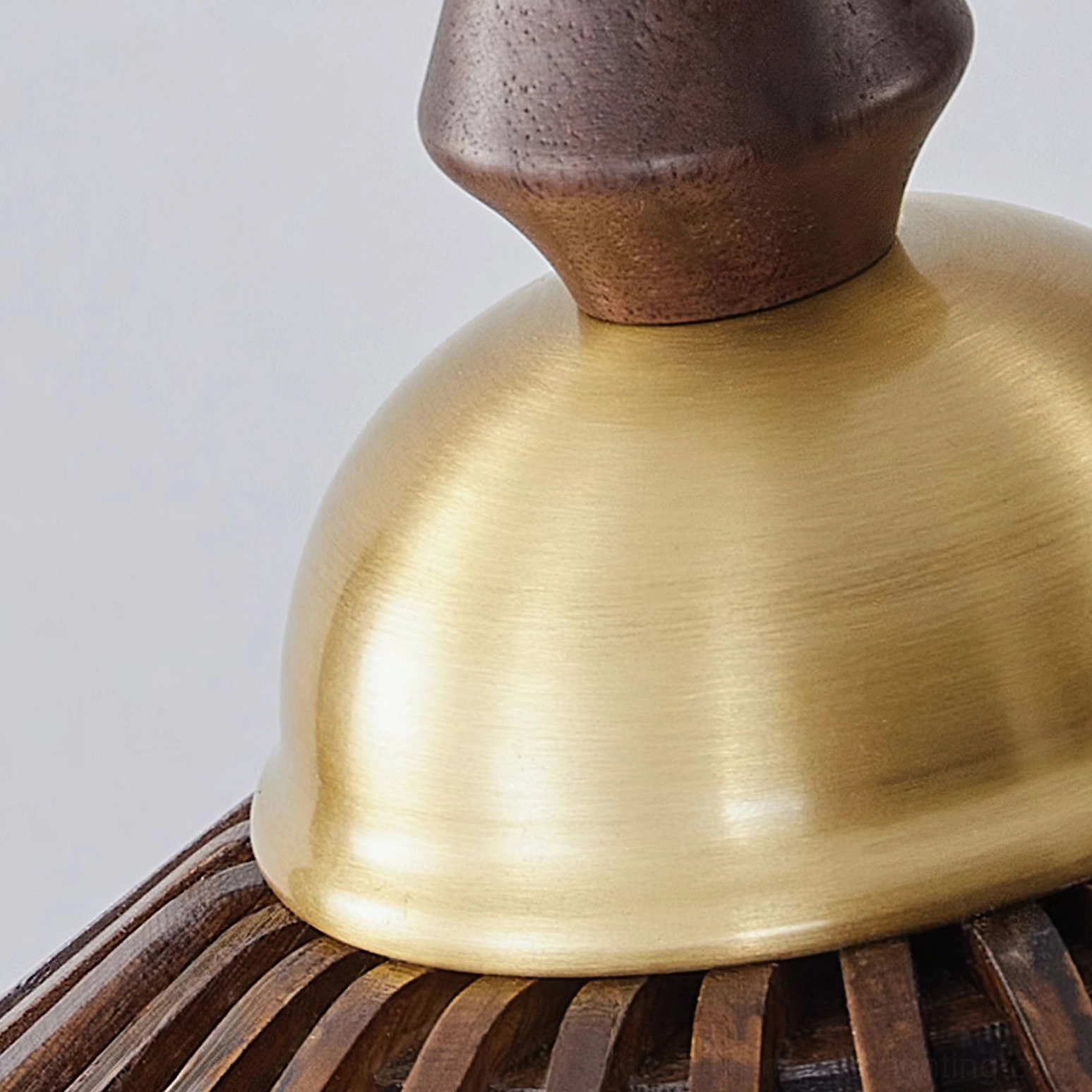 Japandi style wooden umbrella pendant lamp in minimalist interior with natural materials and earth tones