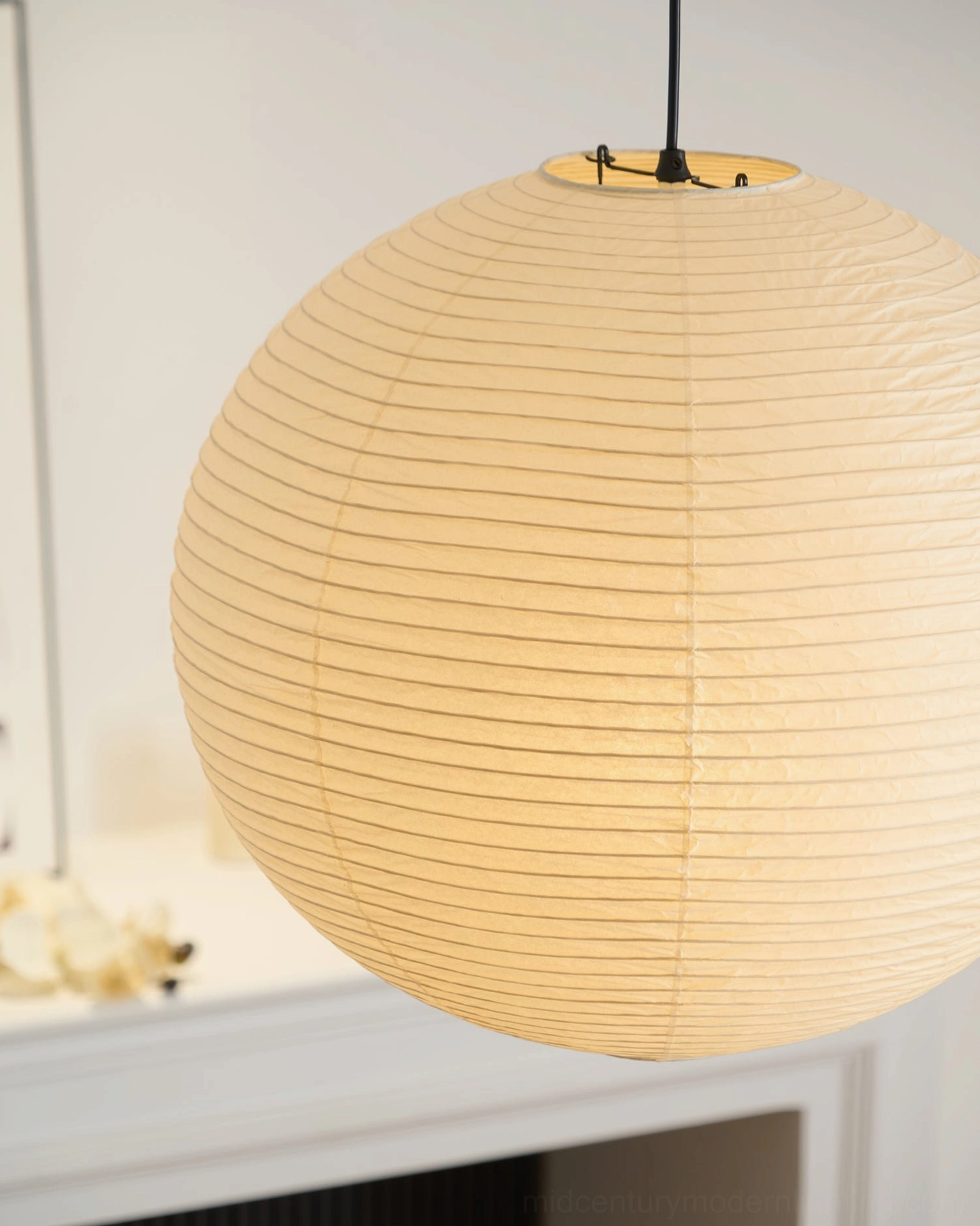 Japanese washi paper sphere pendant lamp, traditional papermaking craftsmanship