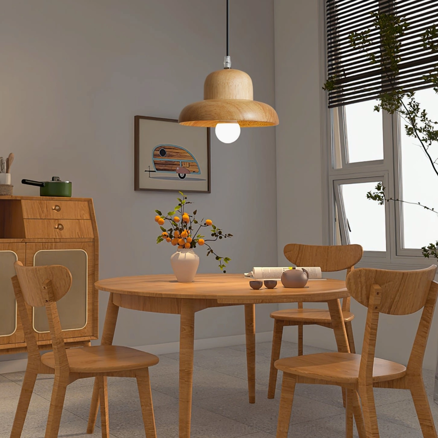 Japanese wooden pendant lamp in dining room setting with natural wood furniture and traditional aesthetics
