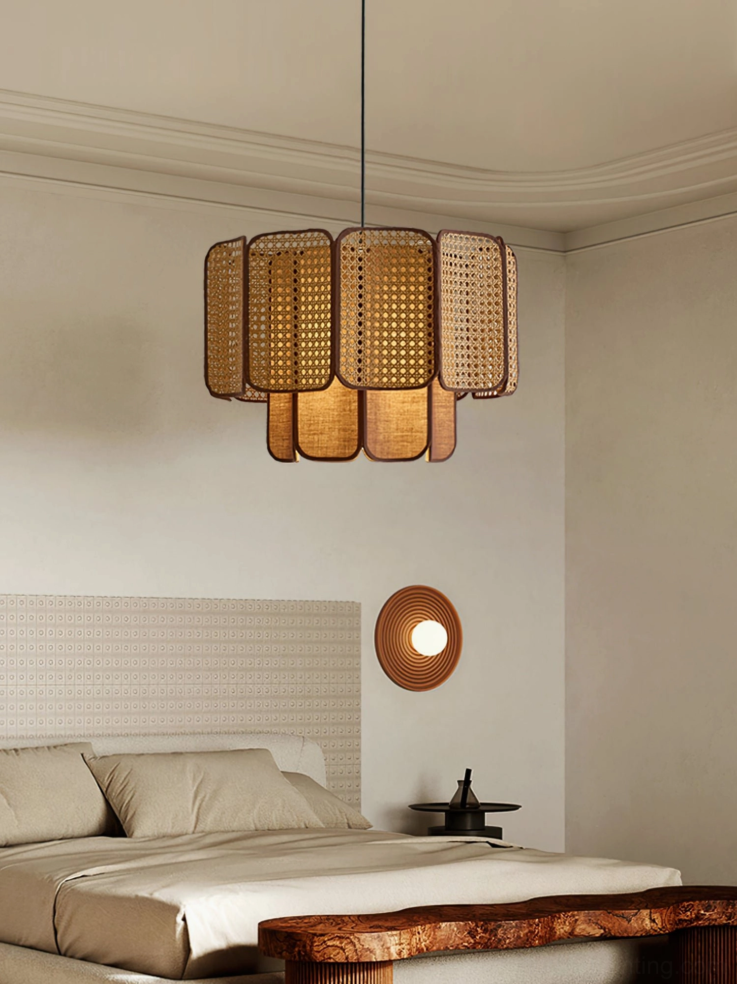 Dark brown Jaras handwoven rattan pendant light overhead view in wabi-sabi bedroom space with rustic warm style