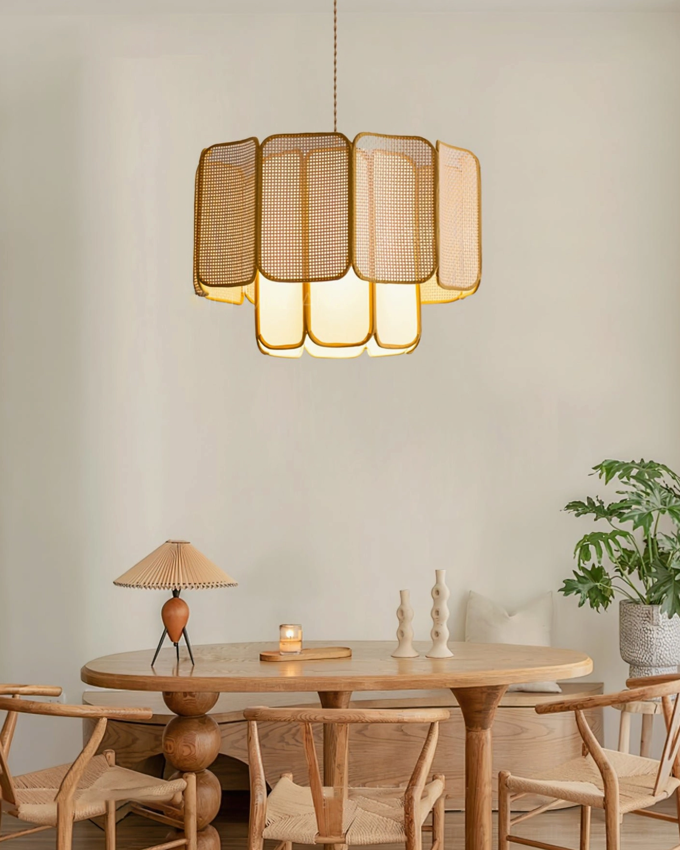 Jaras handwoven rattan pendant light overhead view in rustic bohemian dining room with natural brown tone