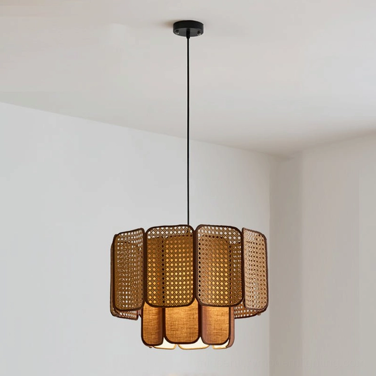 Jaras coffee stained rattan pendant light in cozy bedroom space creating soft diffused warm illumination