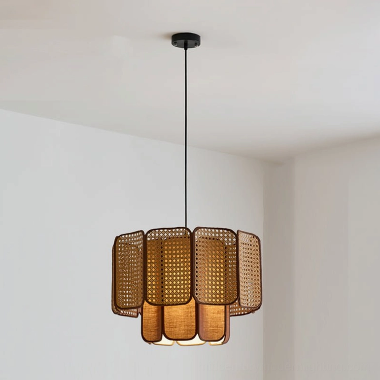 Jaras coffee brown rattan pendant light compact size option for bedroom or accent installation above side table