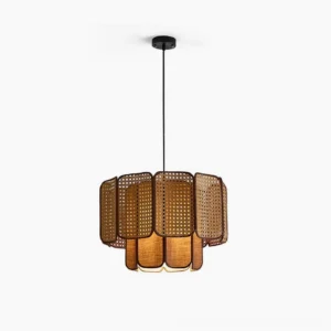 Jaras handwoven rattan pendant light with dark brown scalloped layered shade, front low-angle studio view on white background