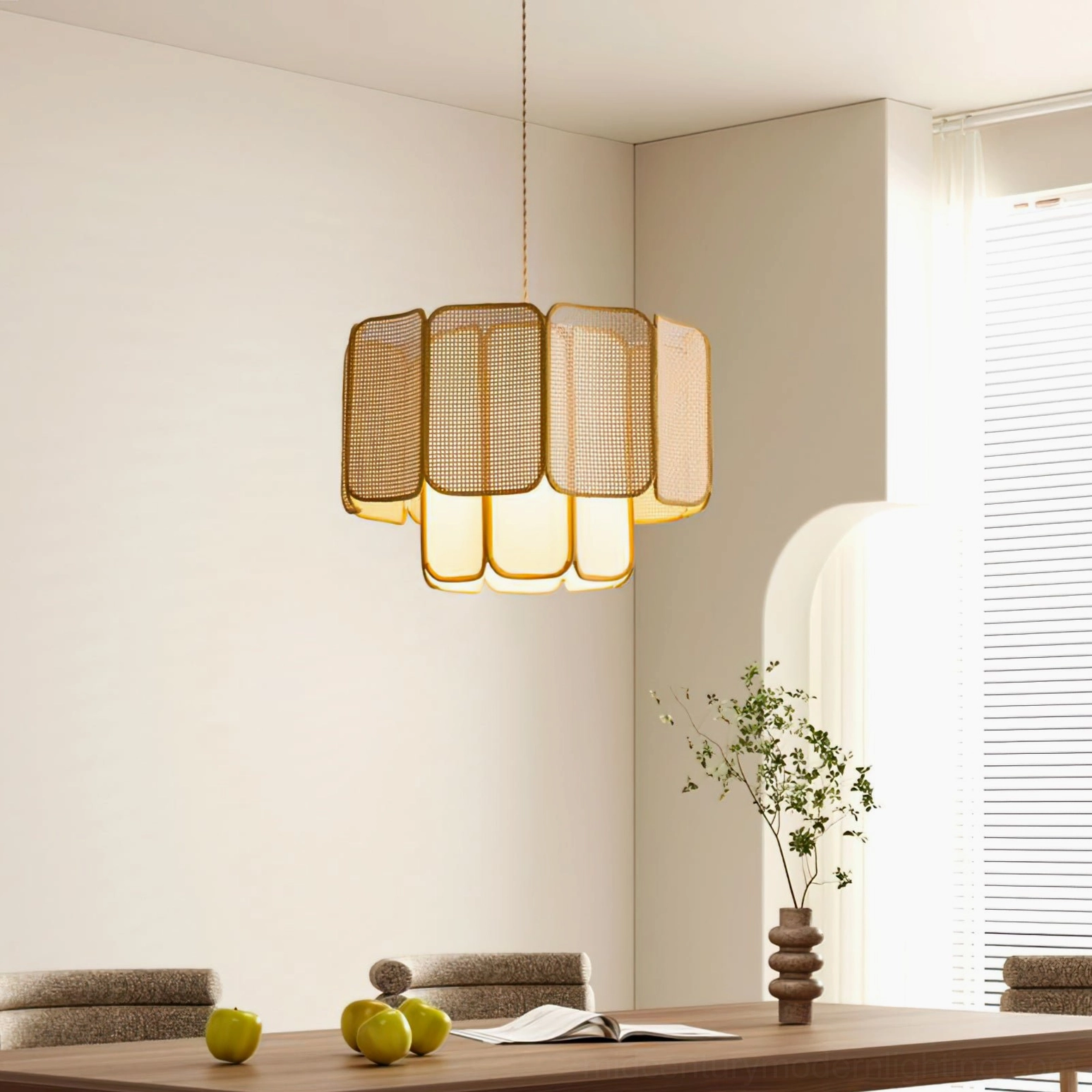 Jaras handwoven rattan pendant light detail shot showing organic layered scalloped weave construction and craftsmanship