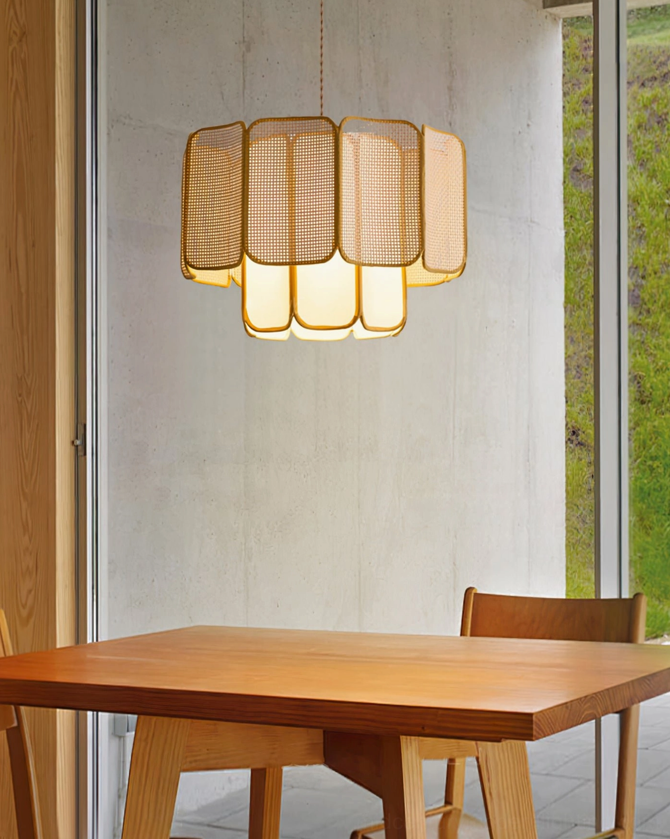 Light beige Jaras rattan pendant lamp side front view in sunlit dining nook showcasing natural woody aesthetic