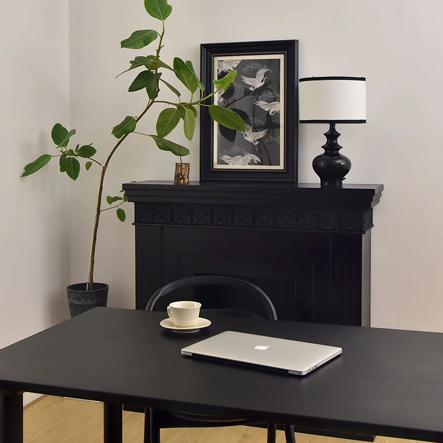 Jarrige ceramic lamp on modern home office desk with laptop and coffee cup, professional workspace lighting
