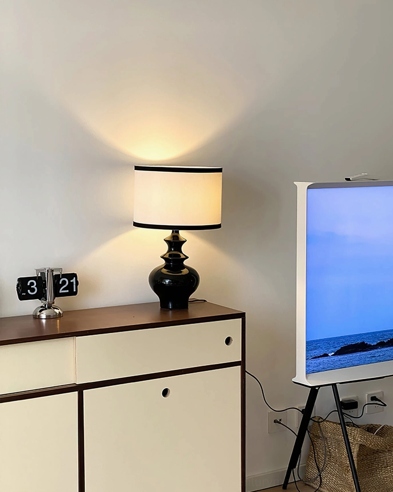 Jarrige ceramic base table lamp with fabric shade, neutral color palette modern home design