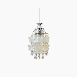 Jasinski butterfly crystal pendant light with frosted white panels and teardrop crystal pendants in chrome finish, front overhead studio view