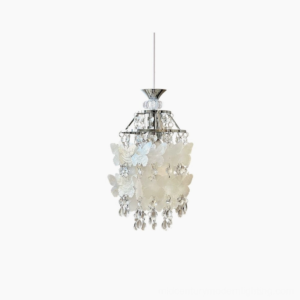 Jasinski butterfly crystal pendant light with frosted white panels and teardrop crystal pendants in chrome finish, front overhead studio view