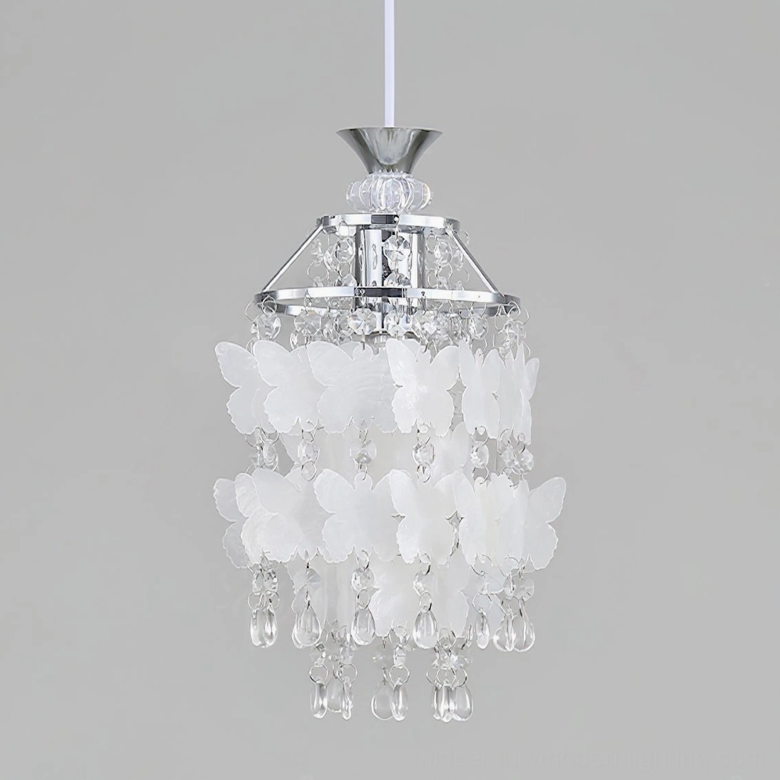 Jasinski butterfly crystal pendant light in polished chrome finish with frosted white panels, front close-up view against neutral background