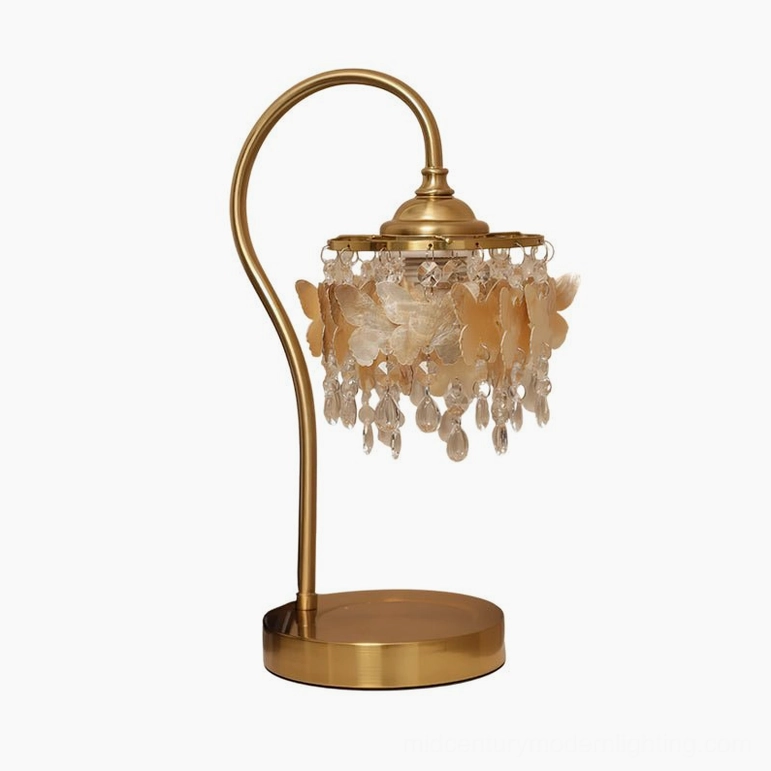 Front full view of Jasinski gold crystal butterfly table lamp with complete sculptural brass frame and crystal cascades