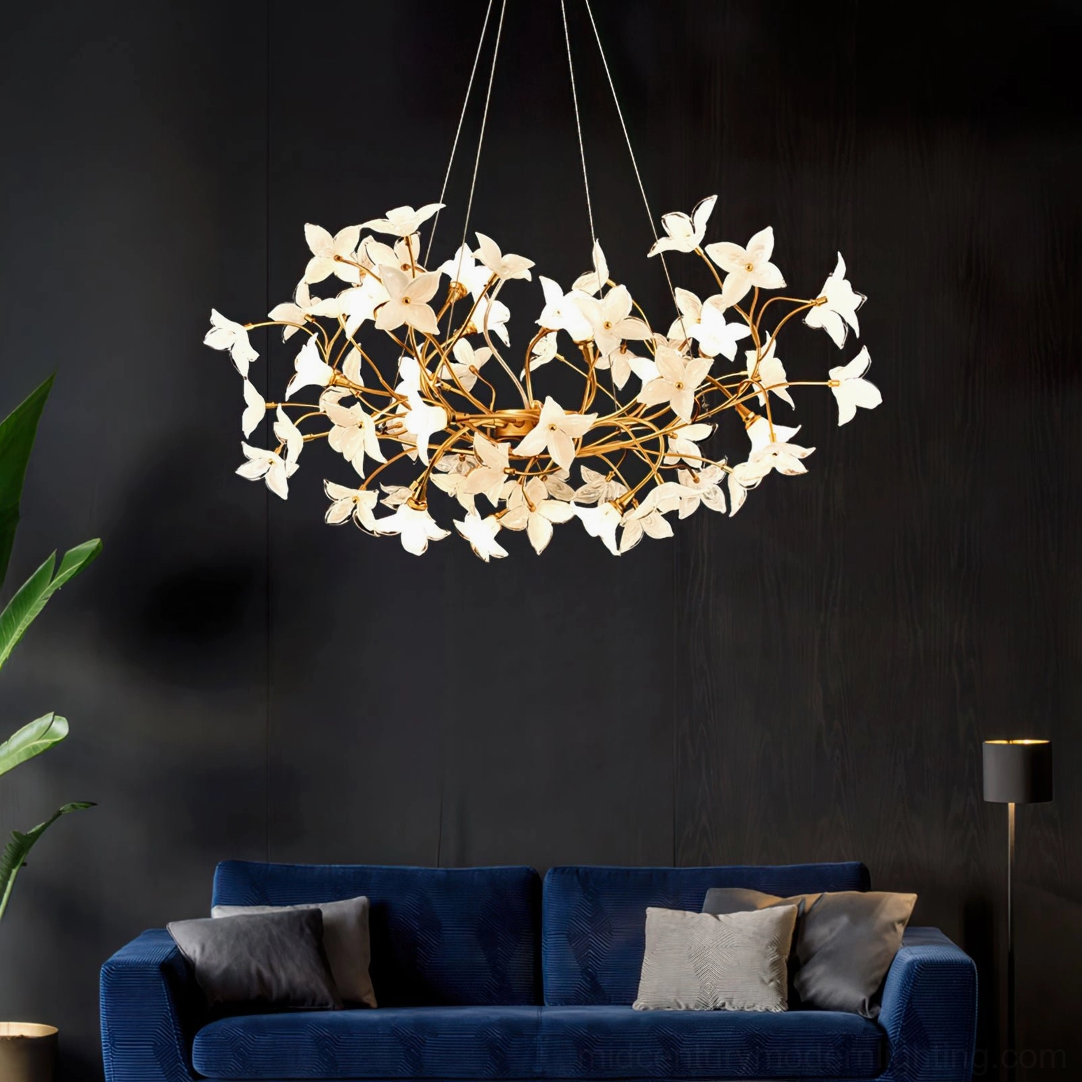 Jasmine flower chandelier lighting interior space, botanical asymmetrical design