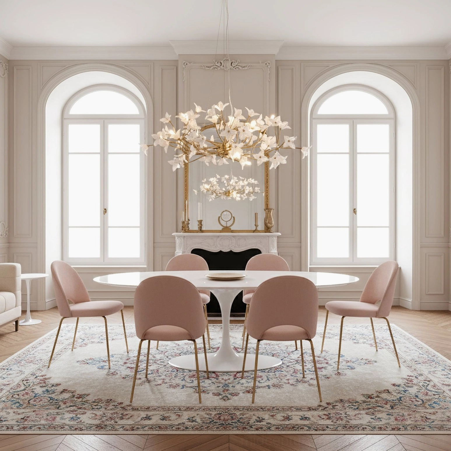 Jasmine flower chandelier suspended above formal arched-window dining room with elegant table setting