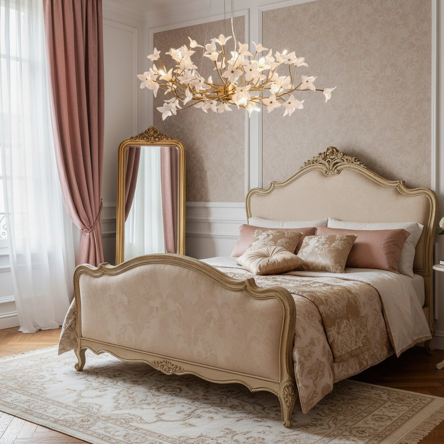 Hand-blown glass jasmine chandelier above tufted bed in French country luxury bedroom