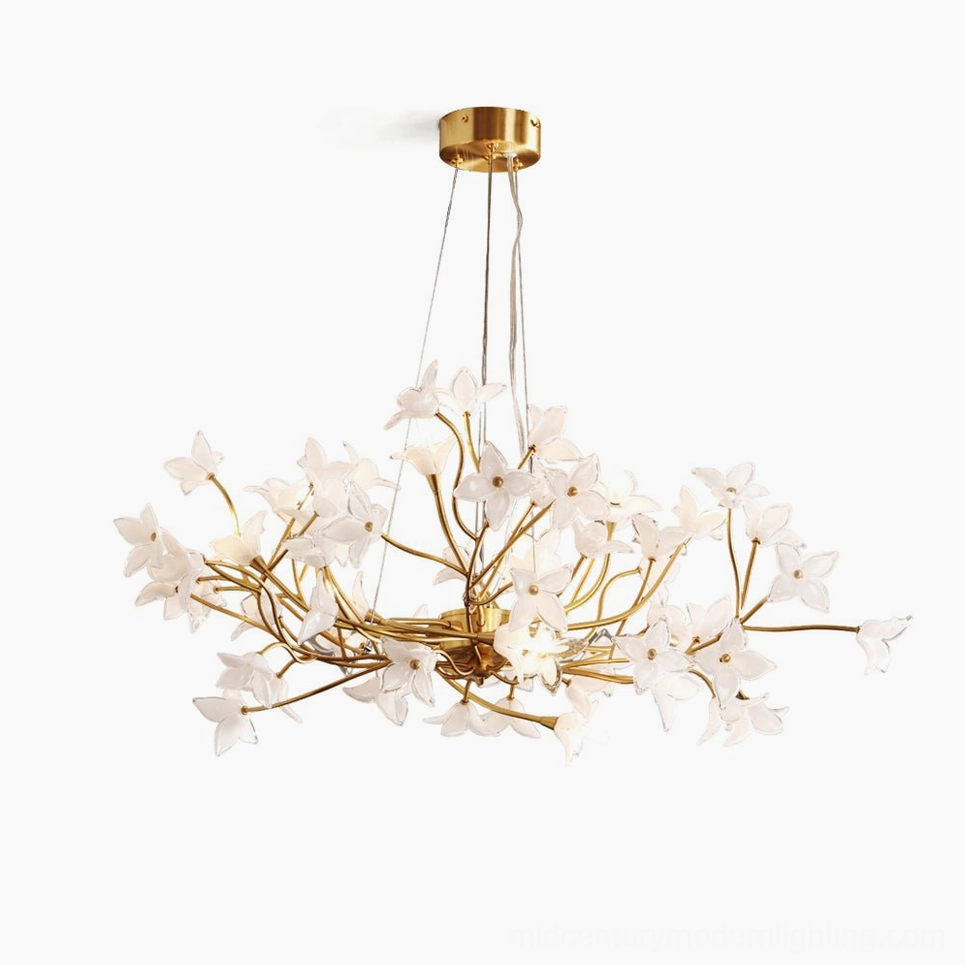 Jasmine Branch Chandelier with hand-blown frosted glass blooms on brass frame, frontal studio view
