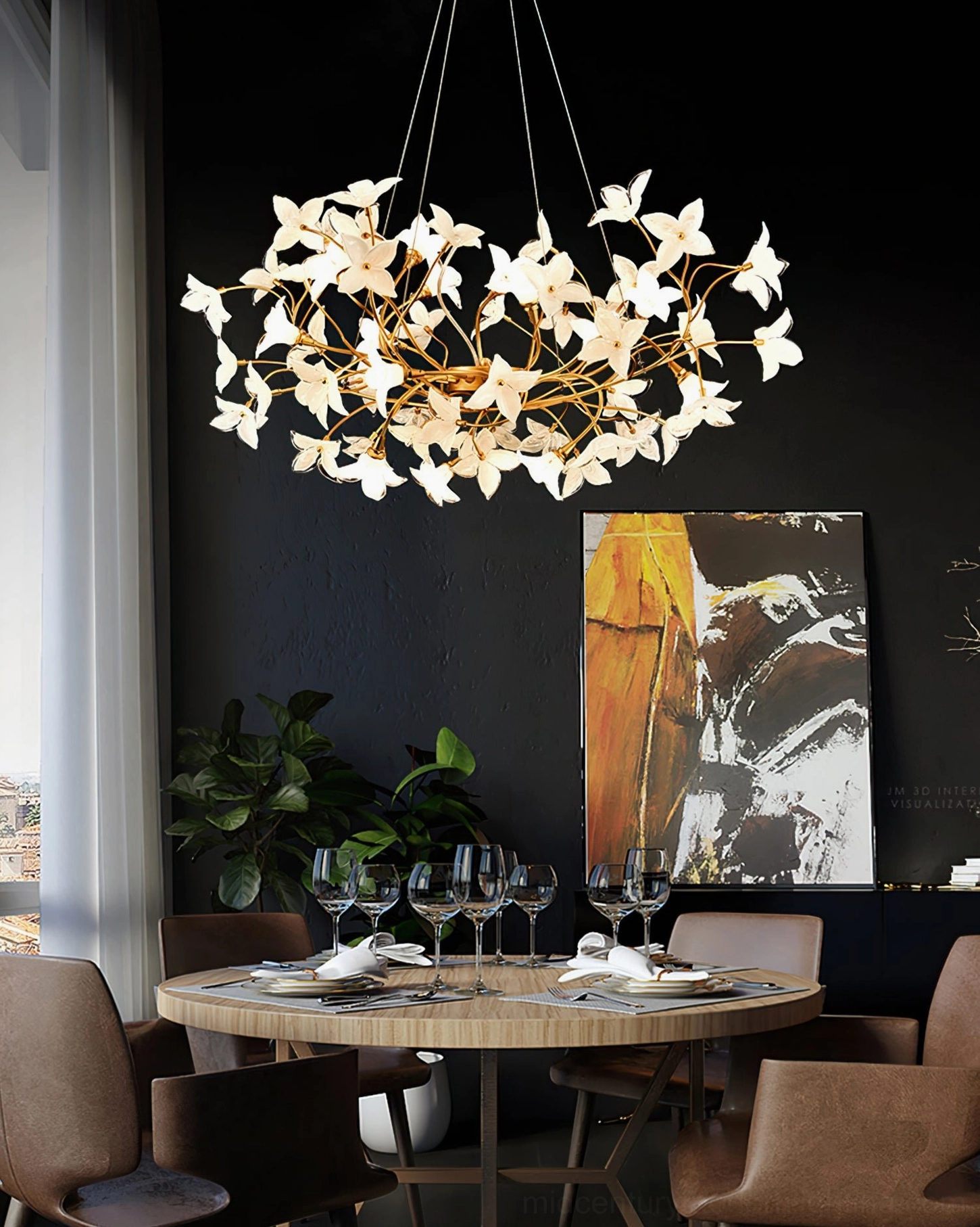 Jasmine Branch Chandelier full fixture display, hand-blown glass blooms scattered on brass armature