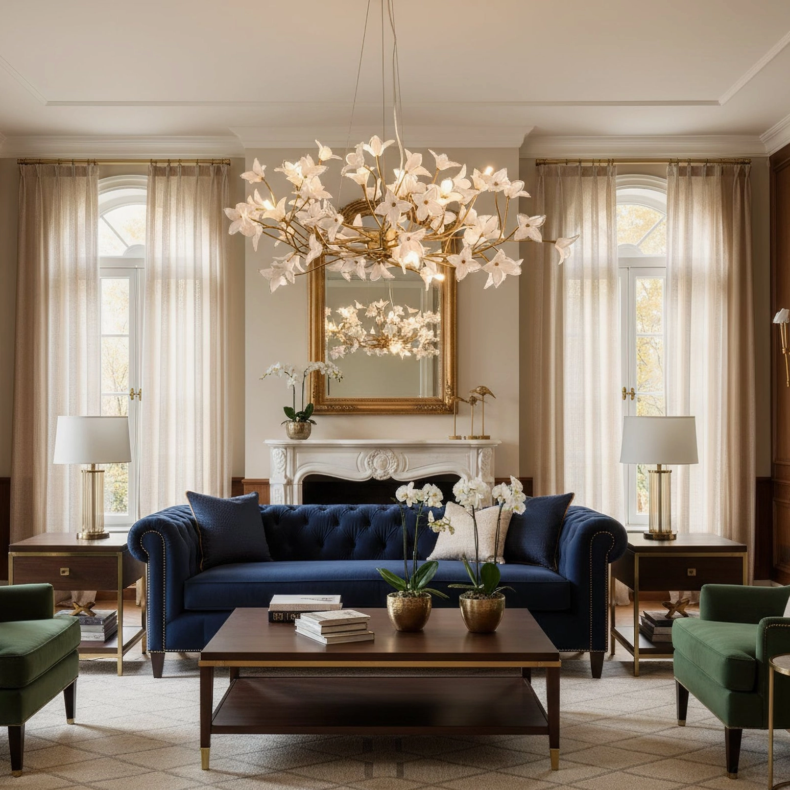 Botanical branch chandelier lighting luxury living room with traditional gold fireplace and navy sofa