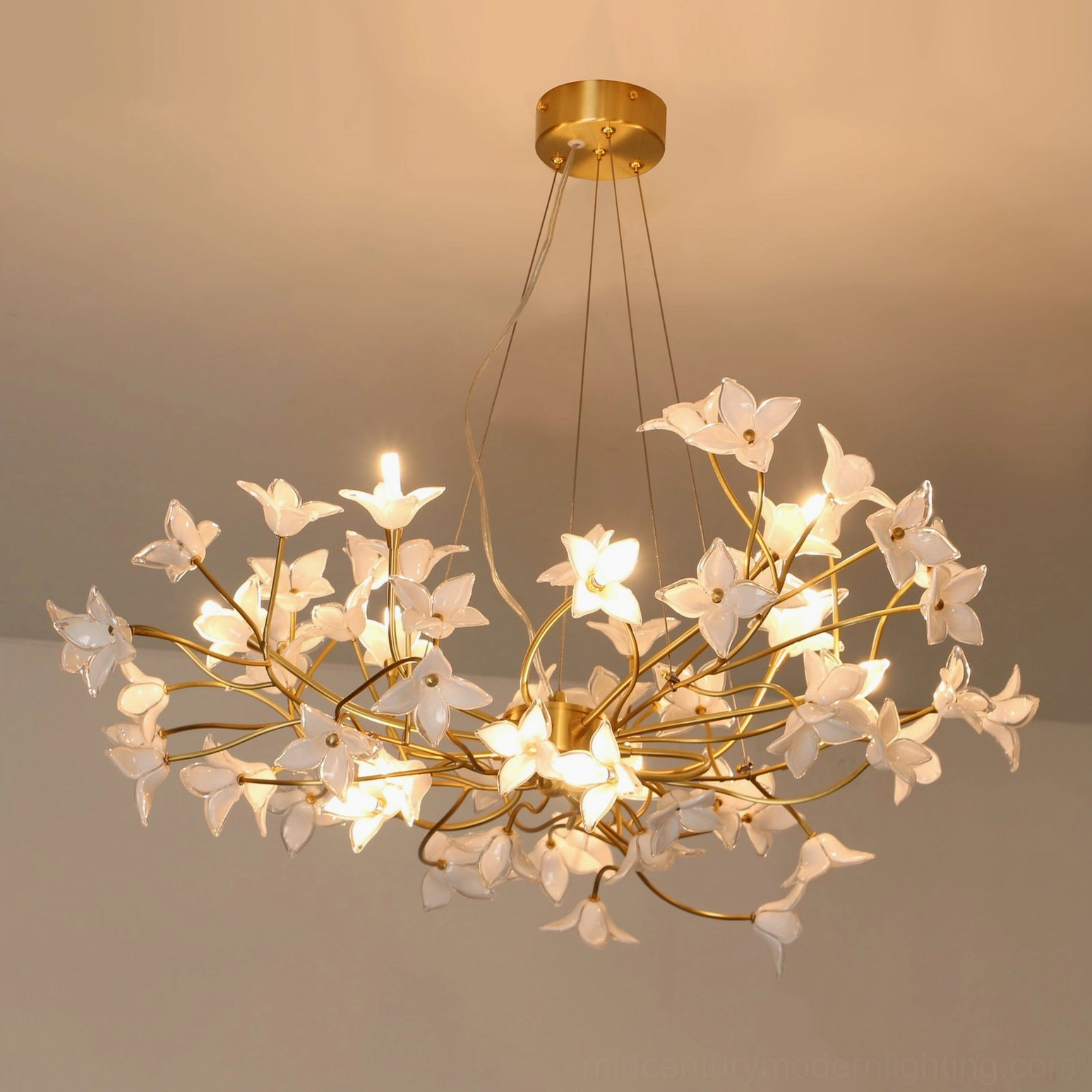 Radial jasmine branch chandelier configuration, 4 round sizes available, brass and glass