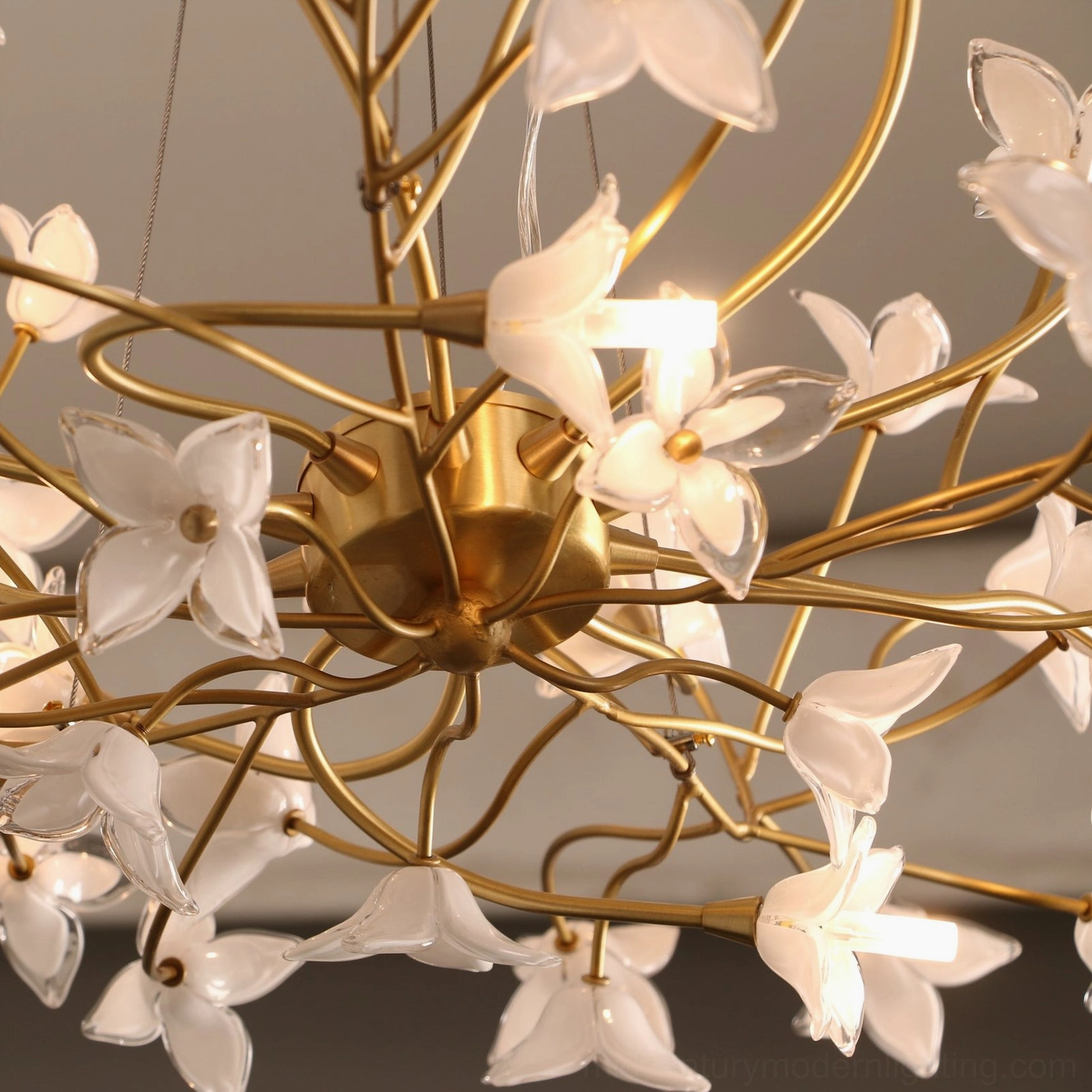 Jasmine Branch Chandelier - radial round configuration, hand-cast brass and frosted glass