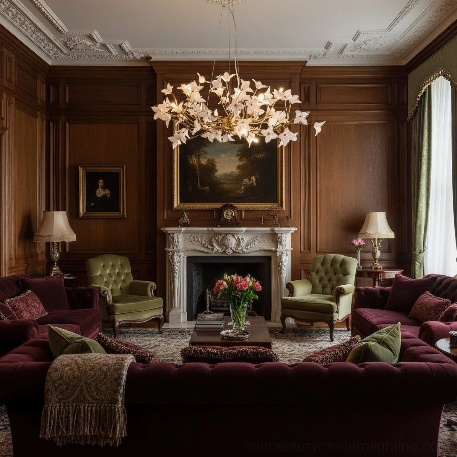 Overhead view of brass jasmine branch chandelier illuminating wood-paneled formal living room