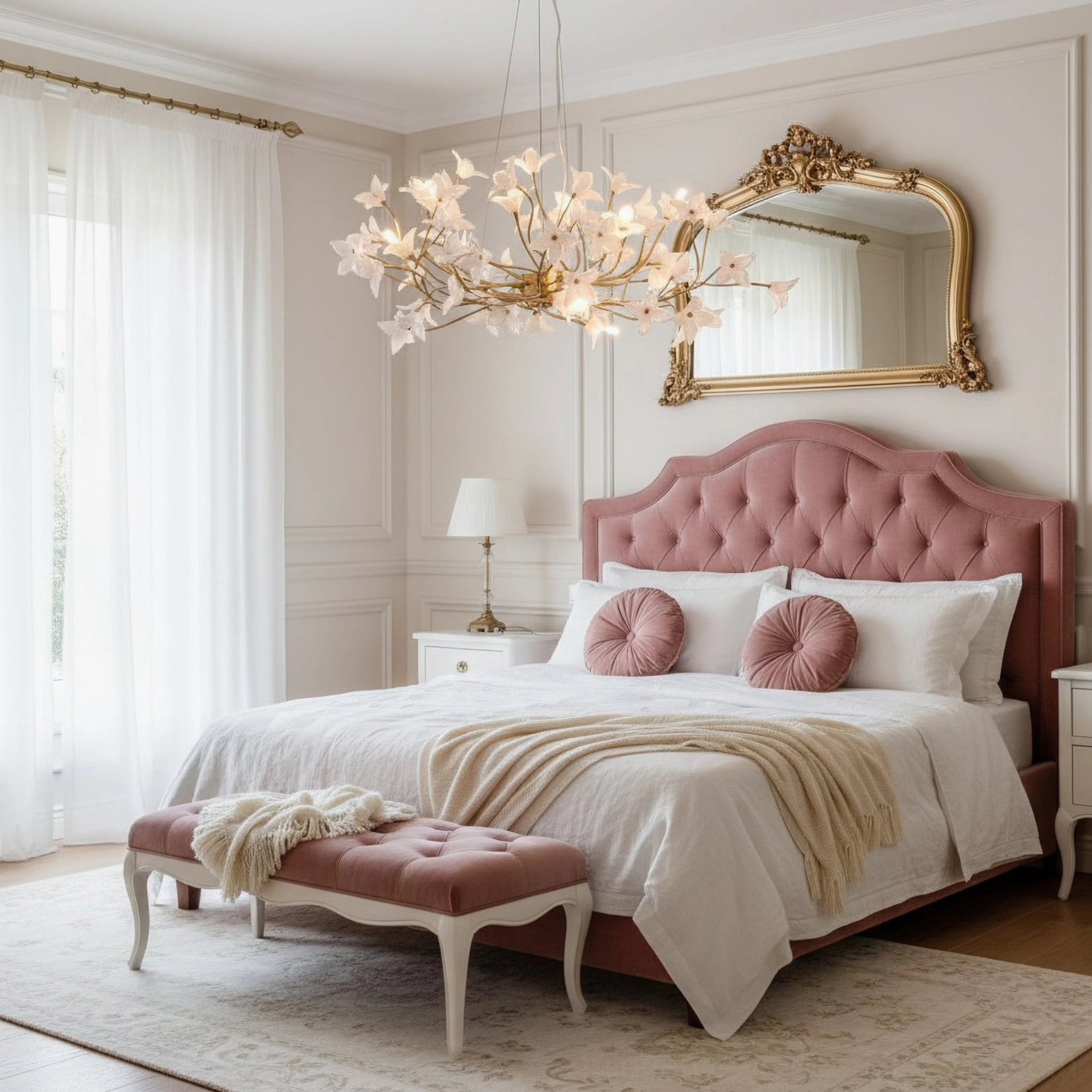 Jasmine Branch Chandelier lighting luxury neoclassical bedroom with soft ambient radiance