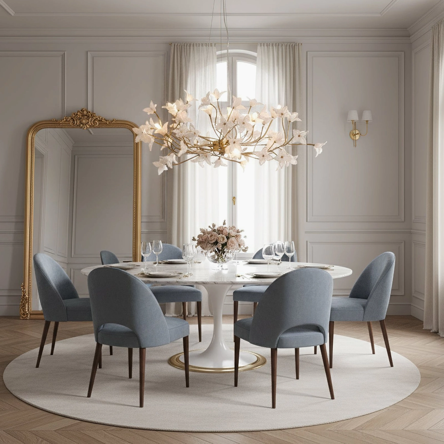 Brass jasmine branch chandelier illuminating round minimalist dining space with blue chairs