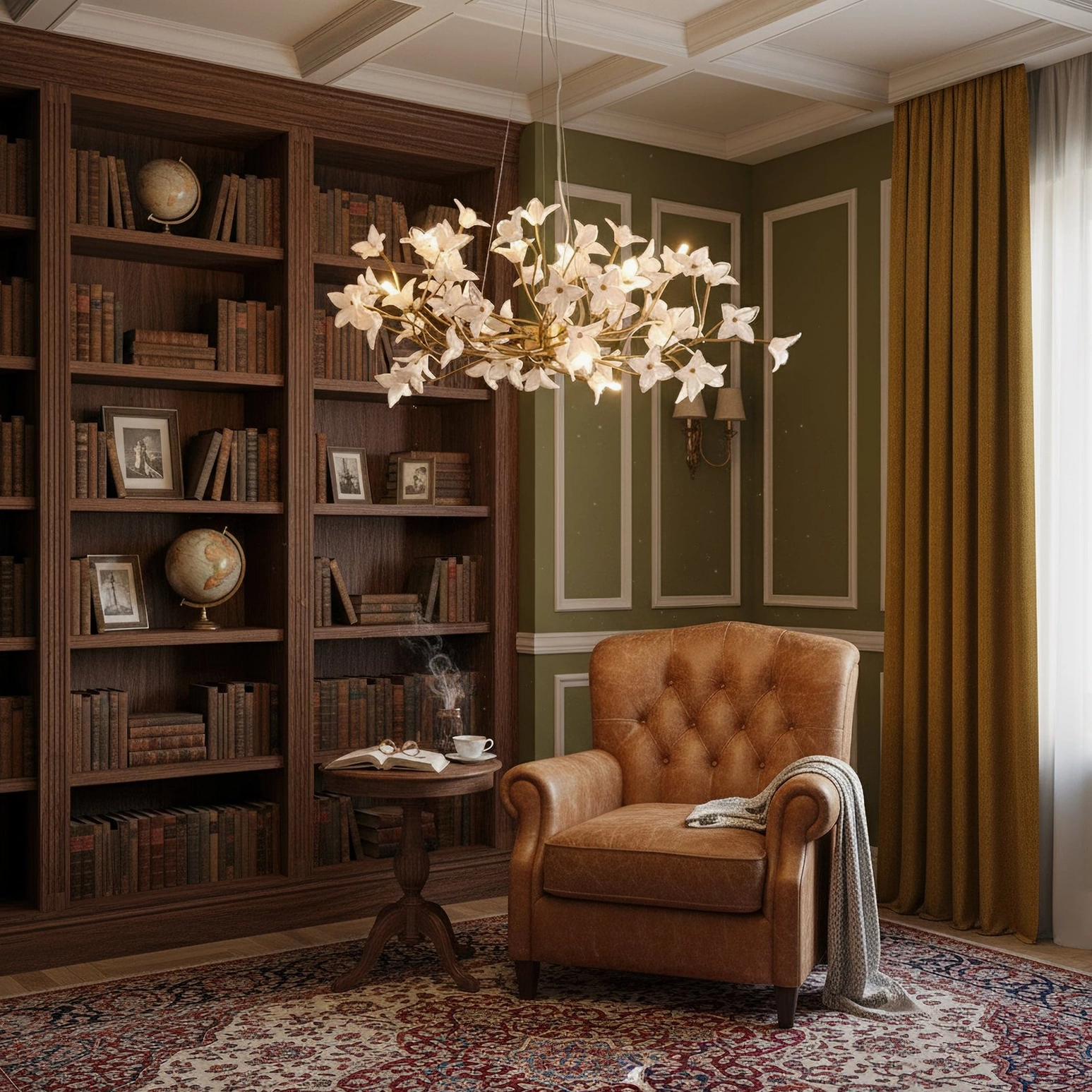 Frosted glass flower chandelier casting warm light in traditional study with built-in bookshelves