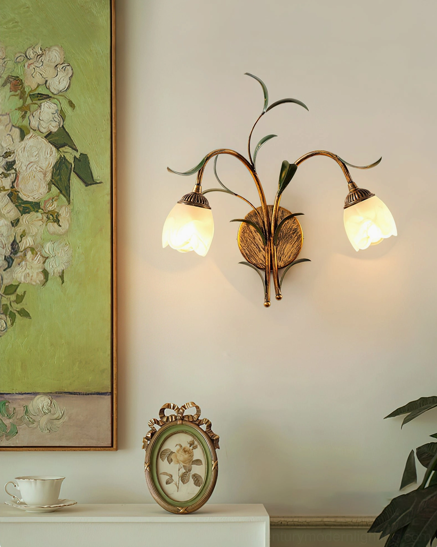 Jasmine dual-light wall sconce with opal glass tulip shades on hallway accent wall