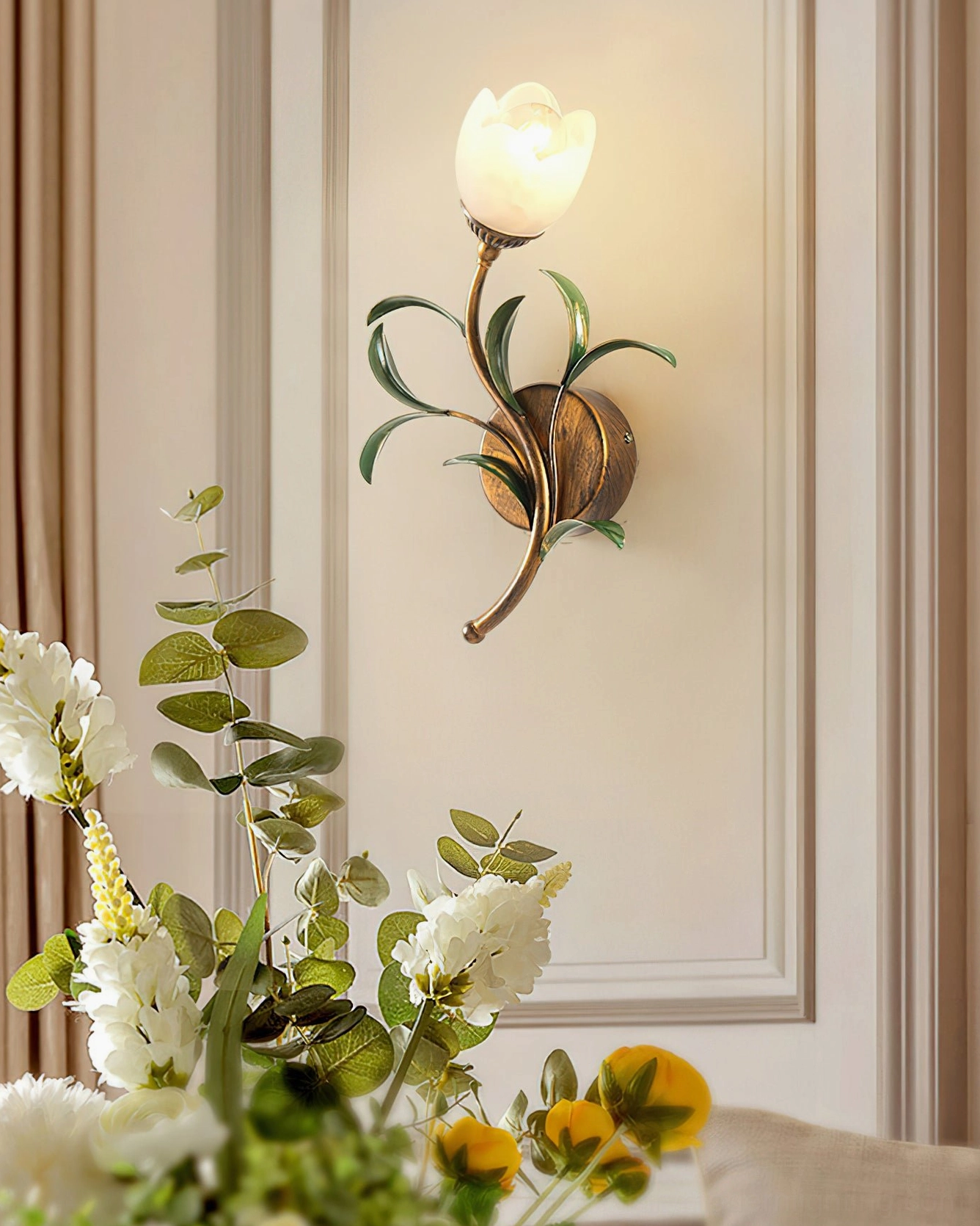 Single-head jasmine wall sconce with frosted tulip glass shade in elegant living space