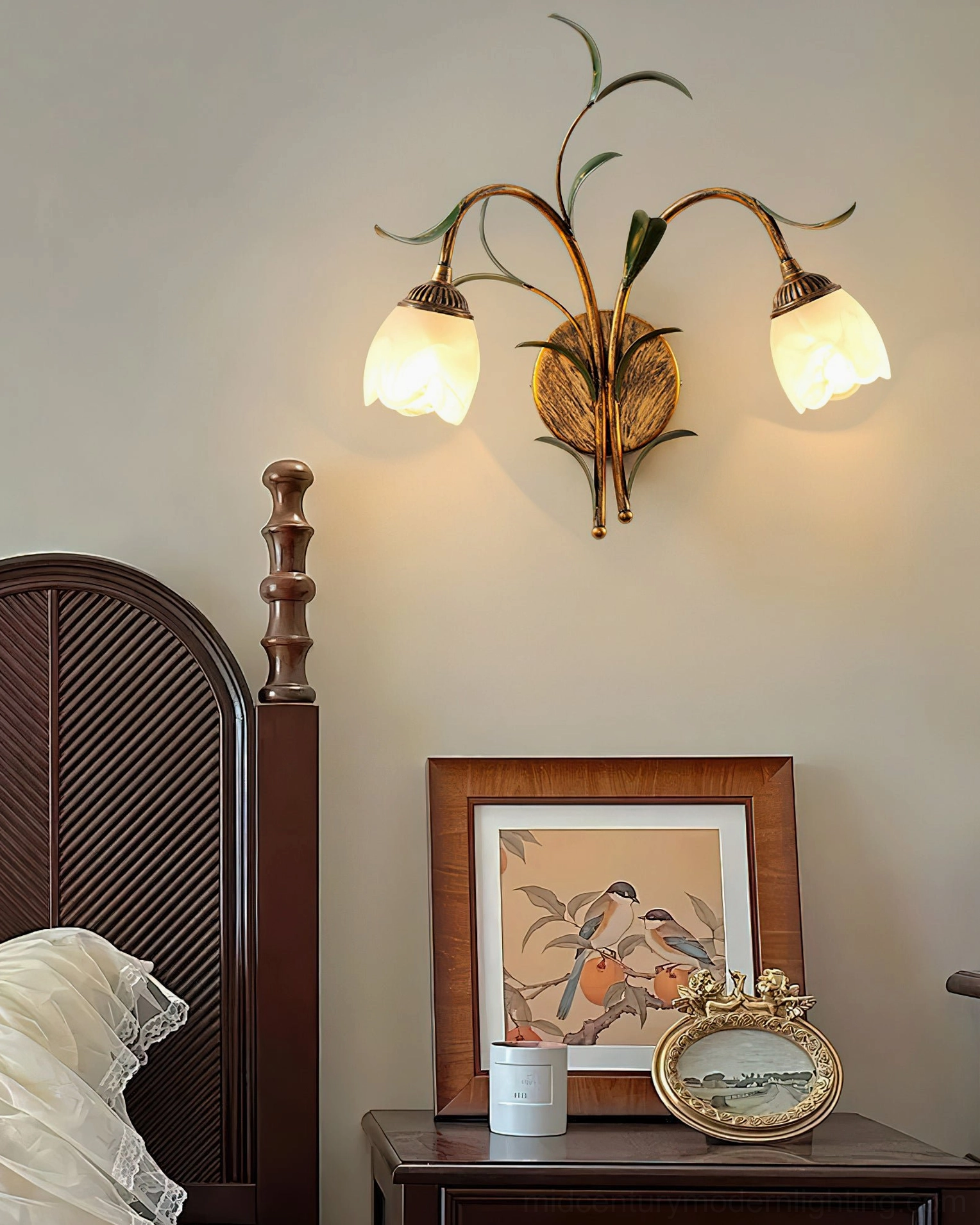Jasmine two-head wall sconce in bedroom corner with warm vintage pastoral lighting effect