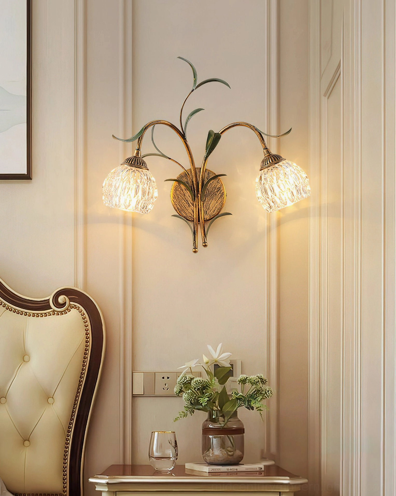 Jasmine dual-light wall sconce in American-style bedroom creating warm vintage pastoral ambiance