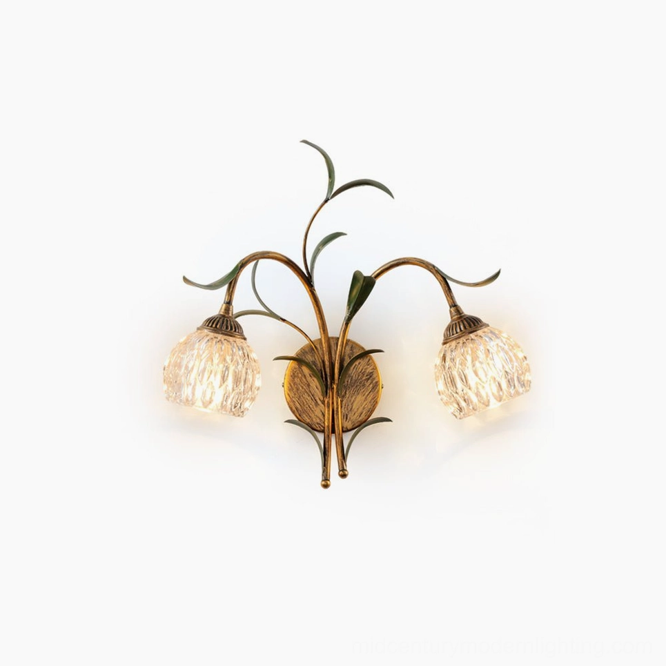 Jasmine botanical wall sconce overhead view with dual brass and frosted glass shades on white background