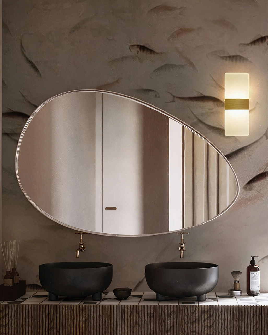 Contemporary wall mounted light fixture with architectural metal frame and frosted shade