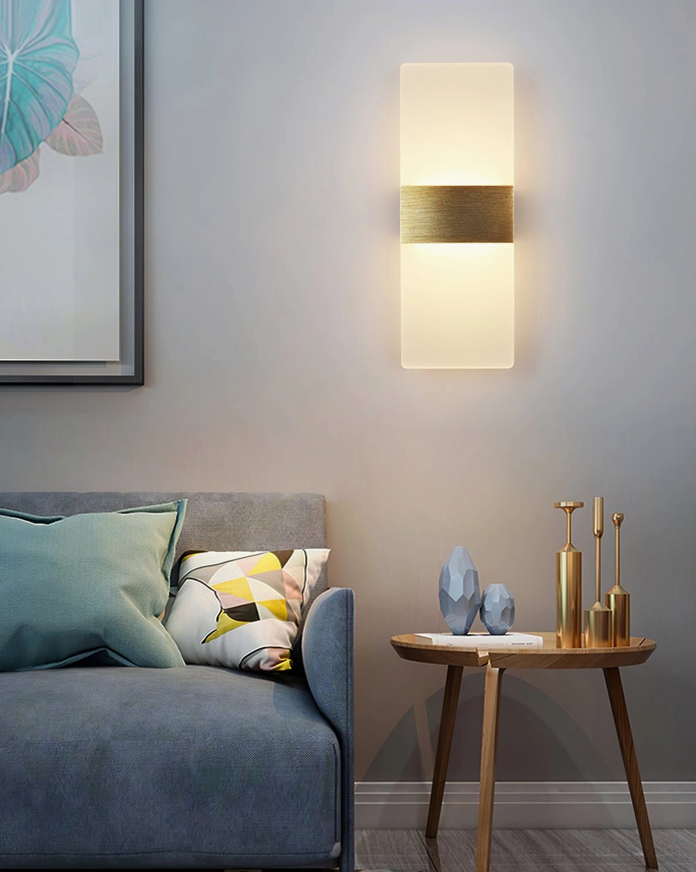 Luxury mid-century wall lamp with brass trim in modern living room setting with side table