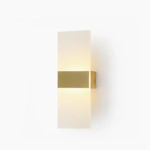 Jenks mid-century modern wall sconce with brass trim and frosted acrylic shade, front view on white background
