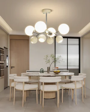Jervon sputnik chandelier suspended above dining table in Nordic minimalist dining room with clean lines and natural light
