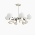 Jervon mid-century modern sputnik chandelier with polished chrome frame and frosted white glass shades, top-down view showcasing asymmetrical multi-arm atomic design
