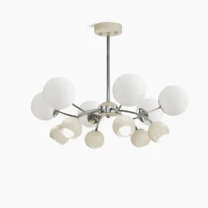 Jervon mid-century modern sputnik chandelier with polished chrome frame and frosted white glass shades, top-down view showcasing asymmetrical multi-arm atomic design