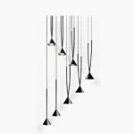 Multi-head conical pendant light collection showing 1-head, 3-head and 10-head modular configurations in matte black finish against white background