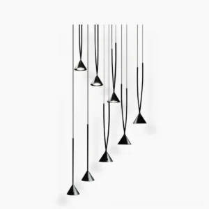 Multi-head conical pendant light collection showing 1-head, 3-head and 10-head modular configurations in matte black finish against white background
