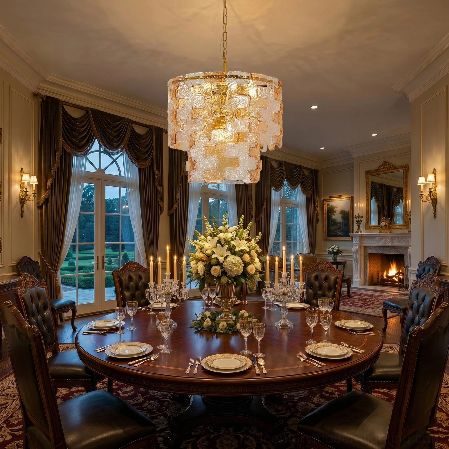 Jigsaw architectural glass chandelier illuminating upscale formal dining room with banquet-style setting