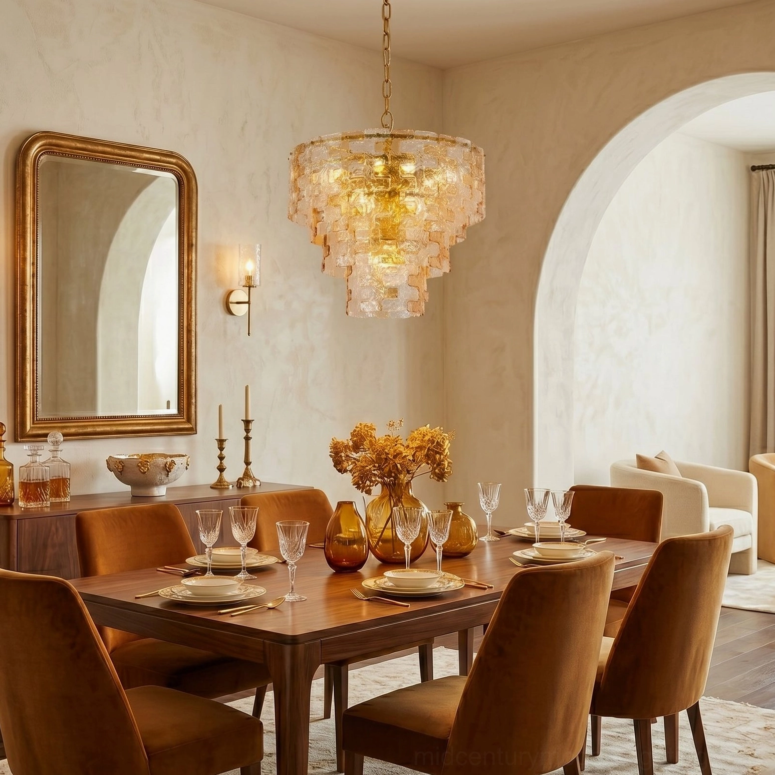 Jigsaw glass chandelier illuminated above formal dining table in elegant traditional dining room with warm lighting